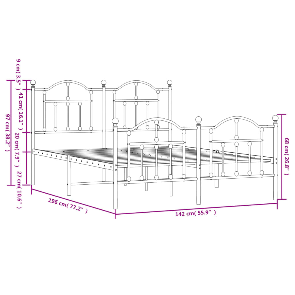 Estrutura de cama com cabeceira e pés 135x190 cm metal preto