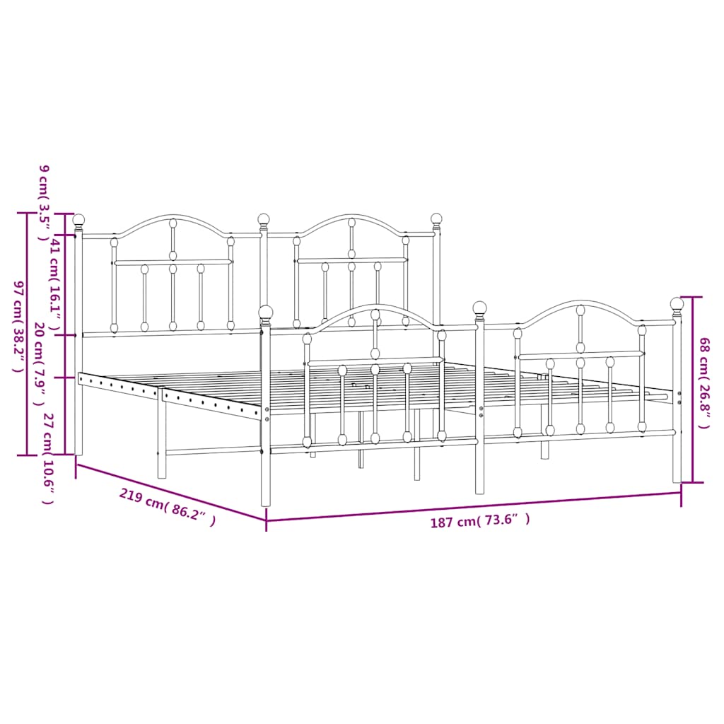 Estrutura de cama com cabeceira e pés 183x213 cm metal preto