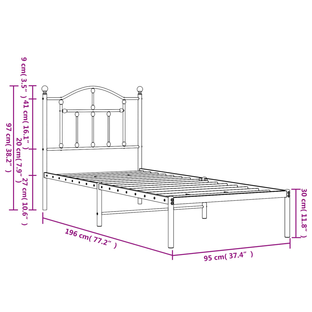 Estrutura de cama com cabeceira 90x190 cm metal branco