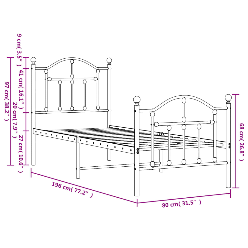 Estrutura de cama com cabeceira e pés 75x190 cm metal branco