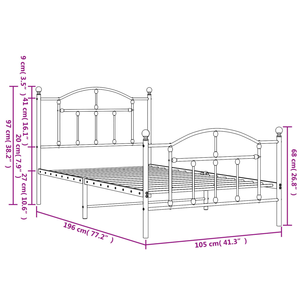 Estrutura de cama com cabeceira e pés 100x190 cm metal branco