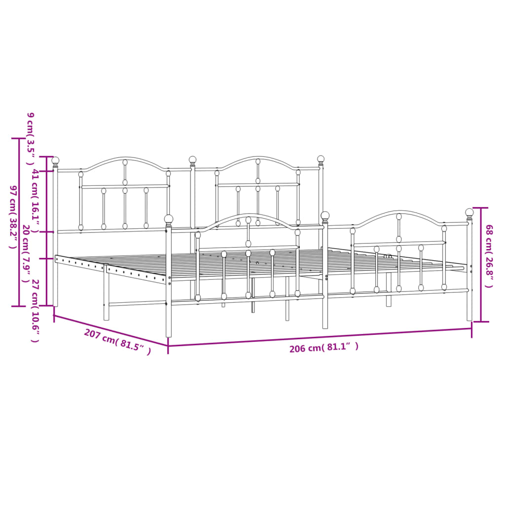 Estrutura de cama com cabeceira e pés 200x200 cm metal branco