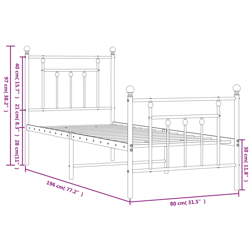 Estrutura de cama com cabeceira e pés 75x190 cm metal preto