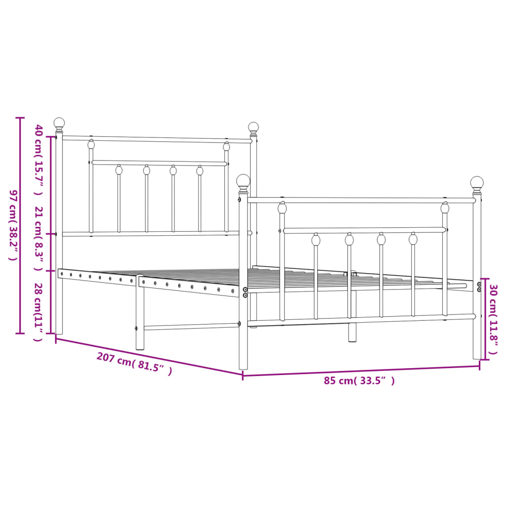 Estrutura de cama com cabeceira e pés 80x200 cm metal preto