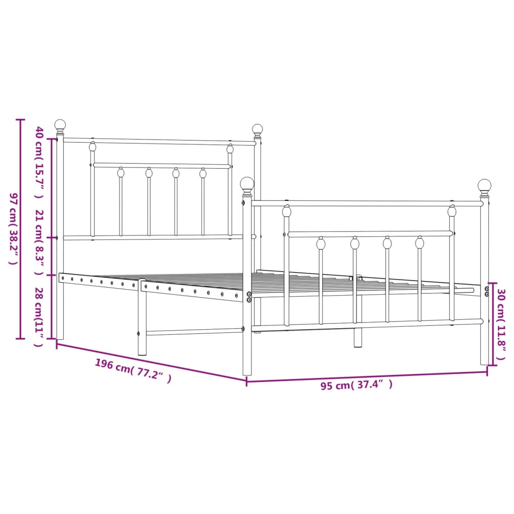 Estrutura de cama com cabeceira e pés 90x190 cm metal preto