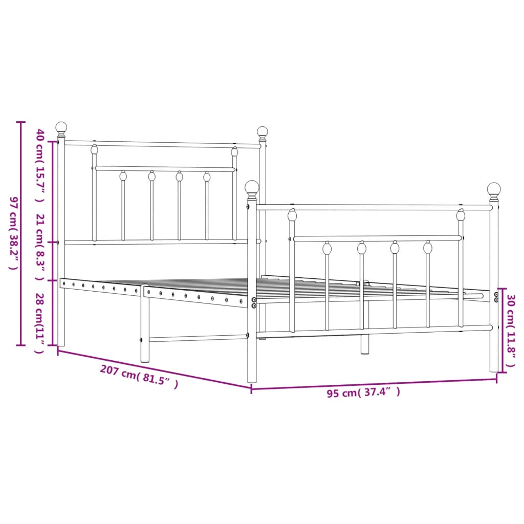 Estrutura de cama com cabeceira e pés 90x200 cm metal preto