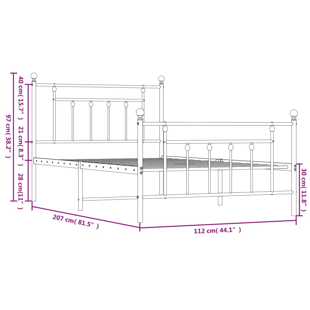 Estrutura de cama com cabeceira e pés 107x203 cm metal preto