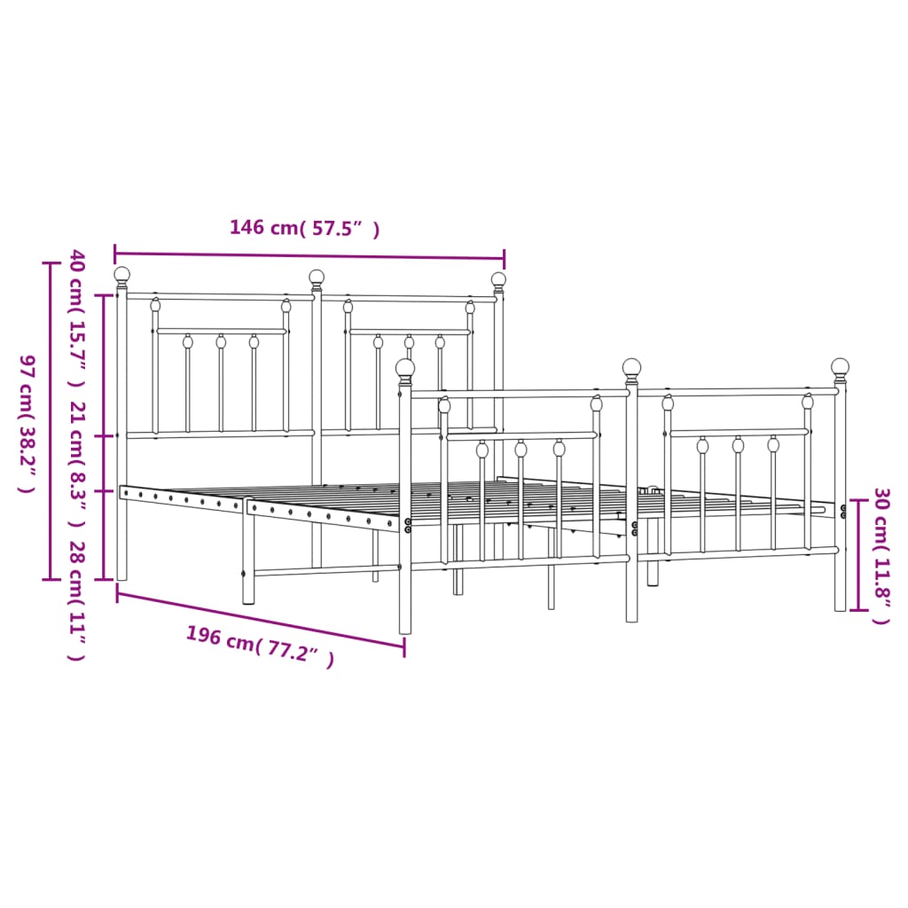 Estrutura de cama com cabeceira e pés 140x190 cm metal preto