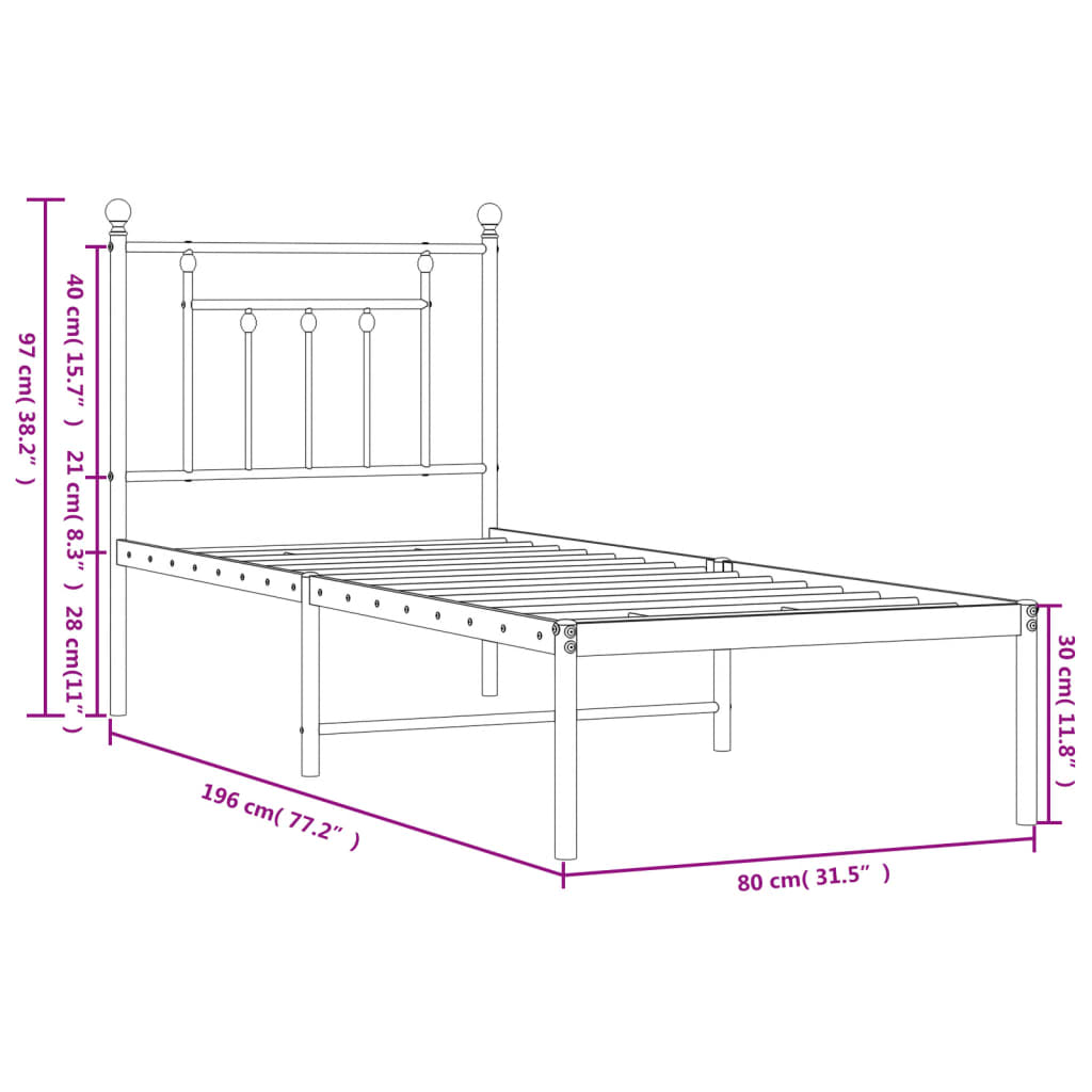 Estrutura de cama com cabeceira 75x190 cm metal branco