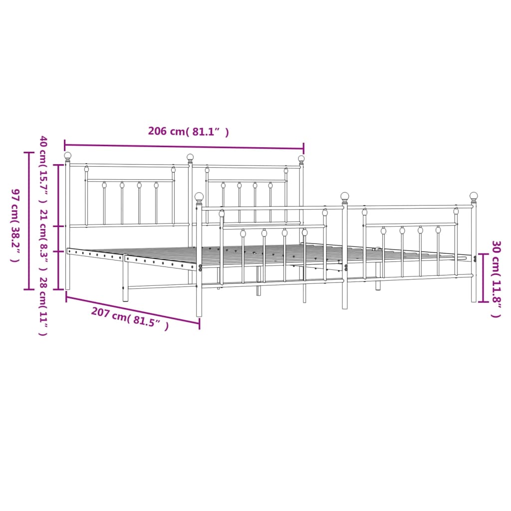 Estrutura de cama com cabeceira e pés 200x200 cm metal branco