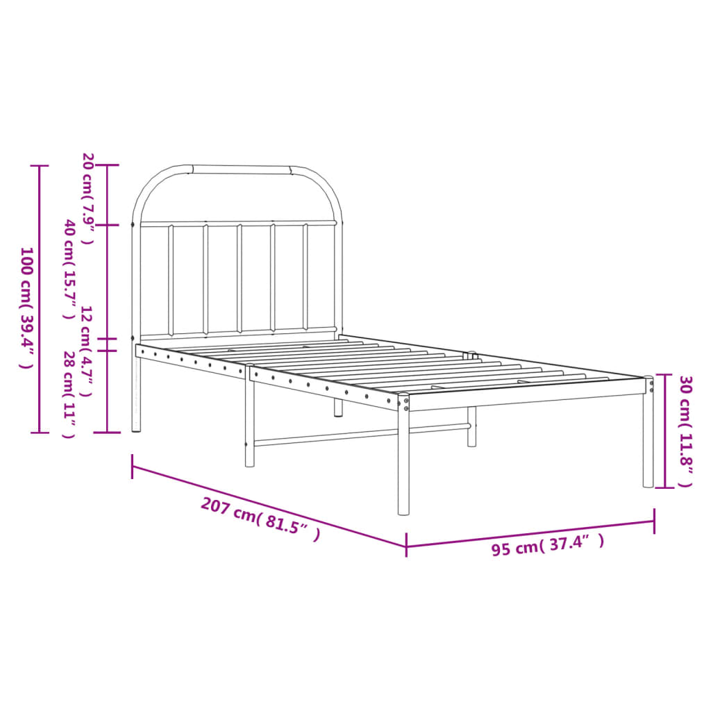 Estrutura de cama com cabeceira 90x200 cm metal preto