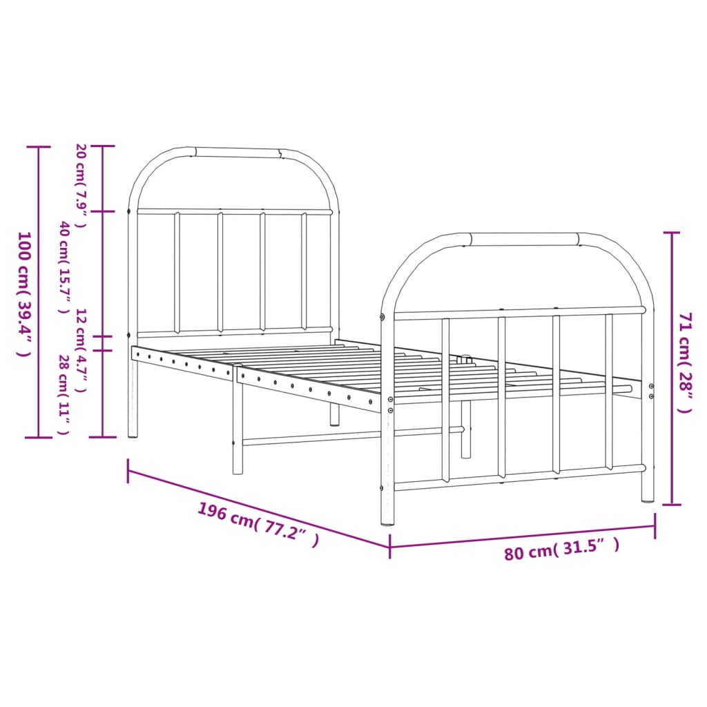 Estrutura de cama com cabeceira e pés 75x190 cm metal preto