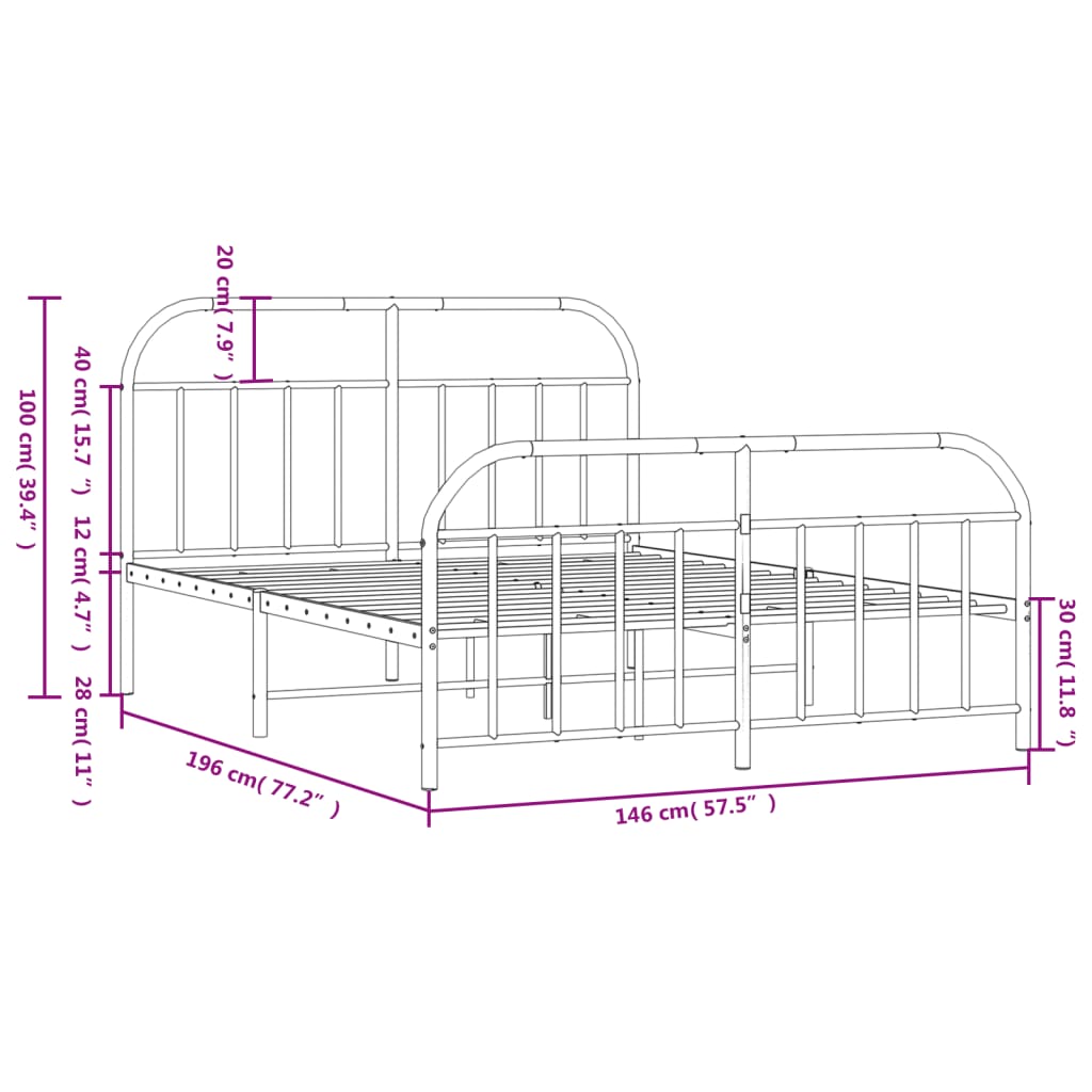 Estrutura de cama com cabeceira e pés 140x190 cm metal preto