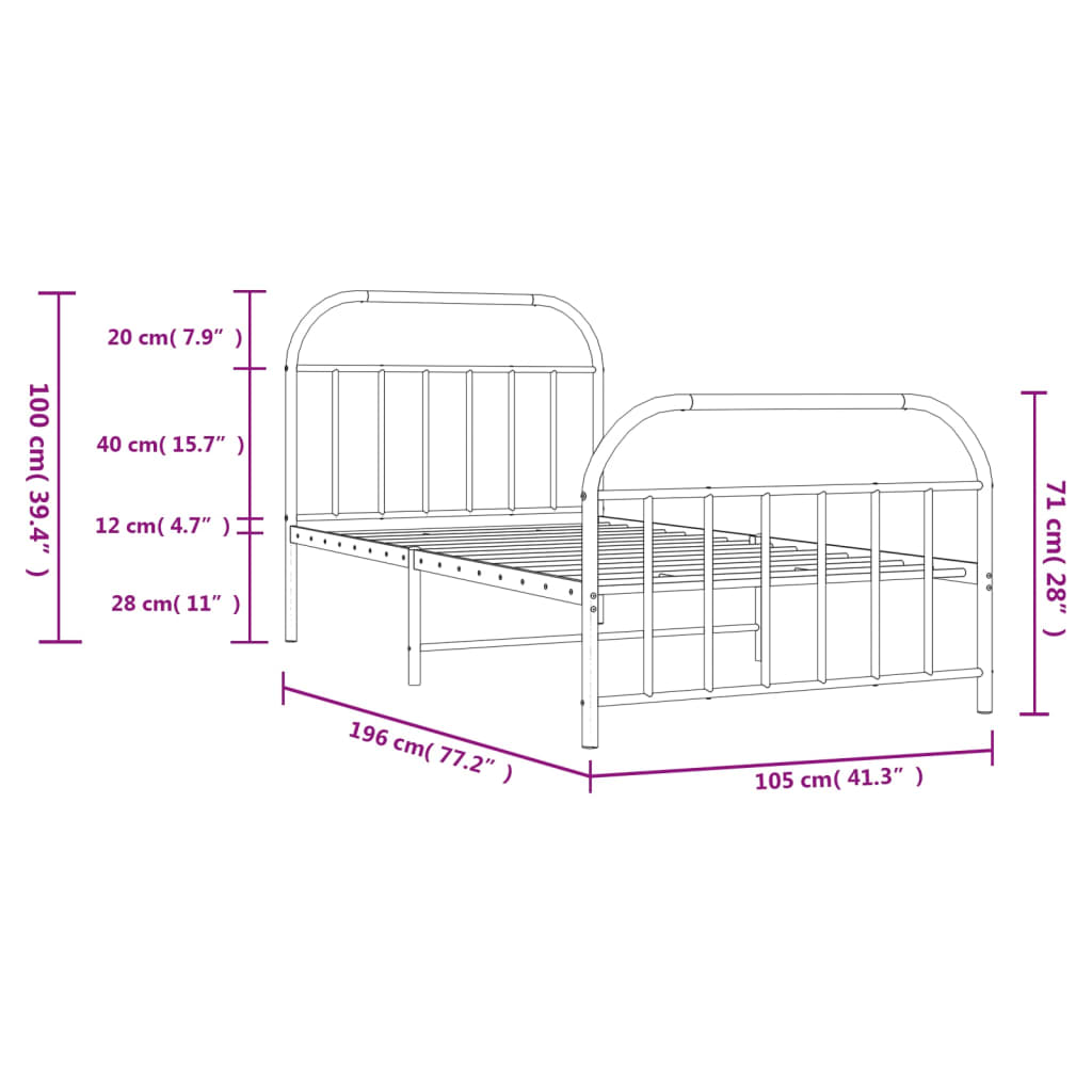 Estrutura de cama com cabeceira e pés 100x190 cm metal branco