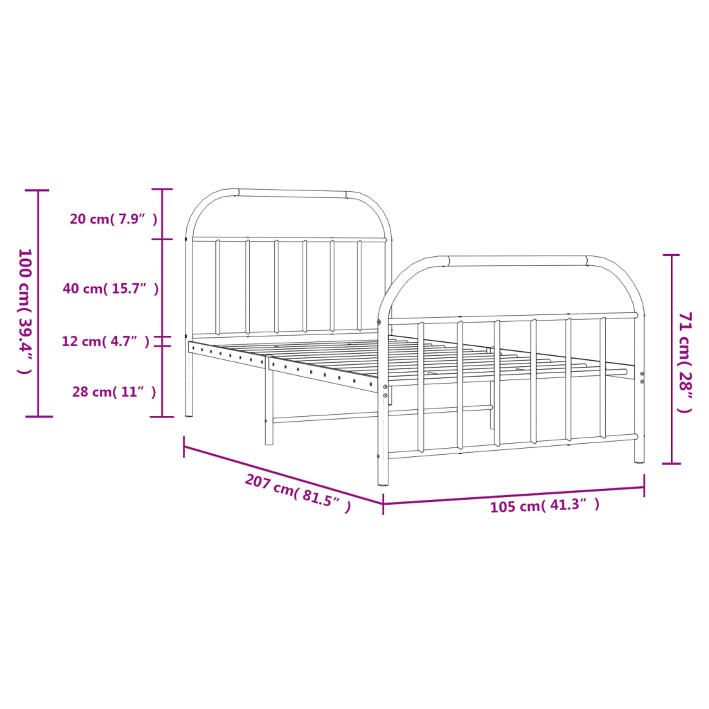 Estrutura de cama com cabeceira e pés 100x200 cm metal branco