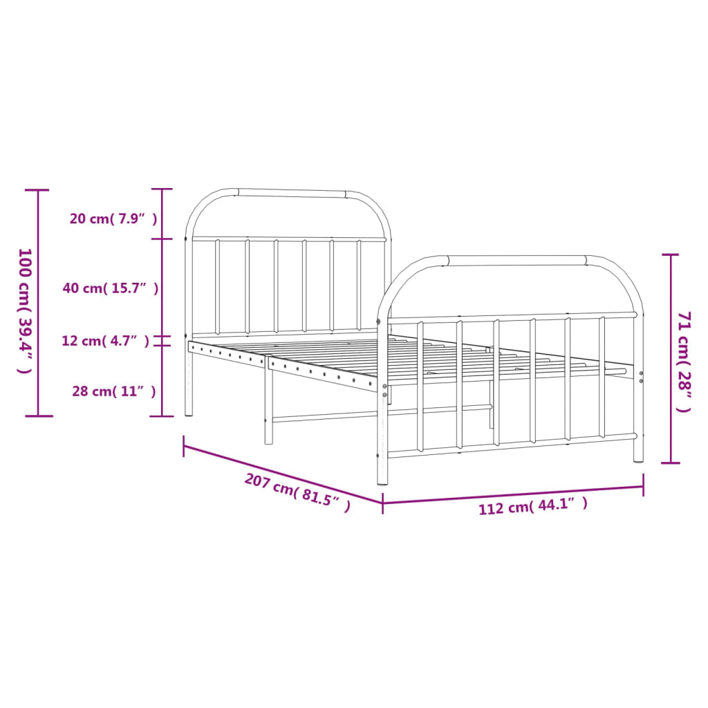 Estrutura de cama com cabeceira e pés 107x203 cm metal branco