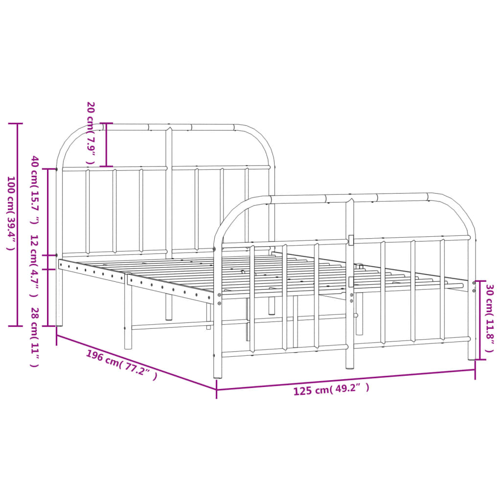 Estrutura de cama com cabeceira e pés 120x190 cm metal branco