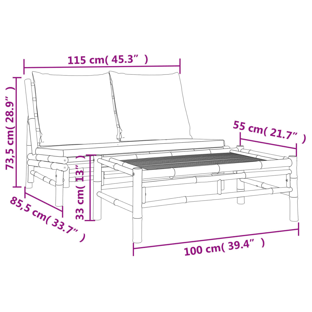 2 pcs conjunto lounge de jardim bambu c/ almofadões branco nata