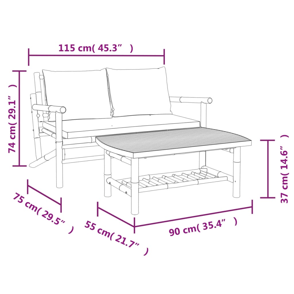 2 pcs conjunto lounge de jardim bambu c/ almofadões branco nata