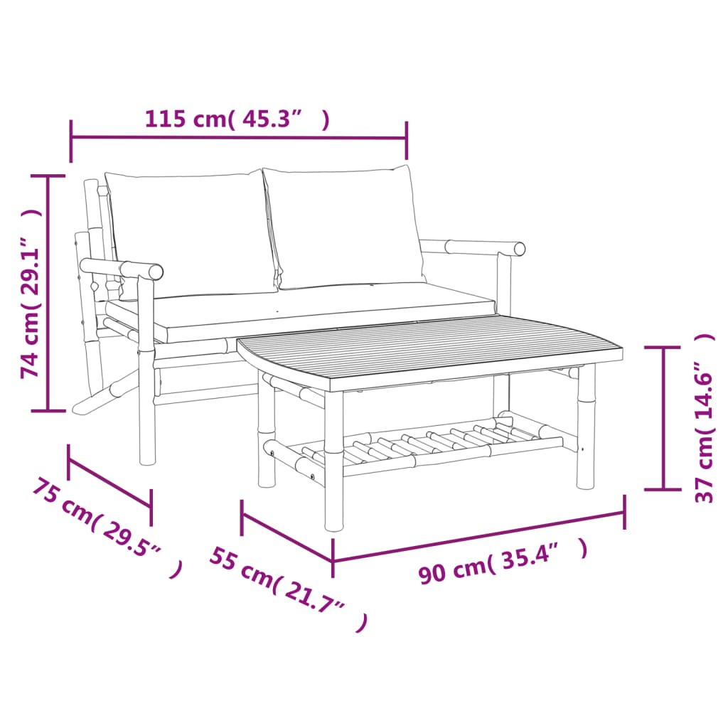 2pcs conj. lounge de jardim bambu c/ almofadões cinzento-escuro