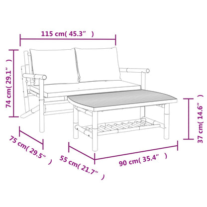 2pcs conj. lounge de jardim bambu c/ almofadões cinzento-escuro