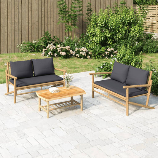 2pcs conj. lounge de jardim bambu c/ almofadões cinzento-escuro