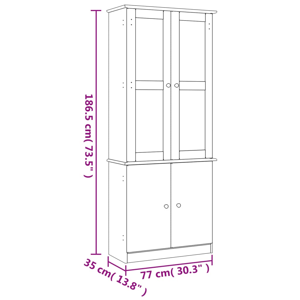 Expositor c/ portas de vidro ALTA 77x35x186,5 cm pinho maciço