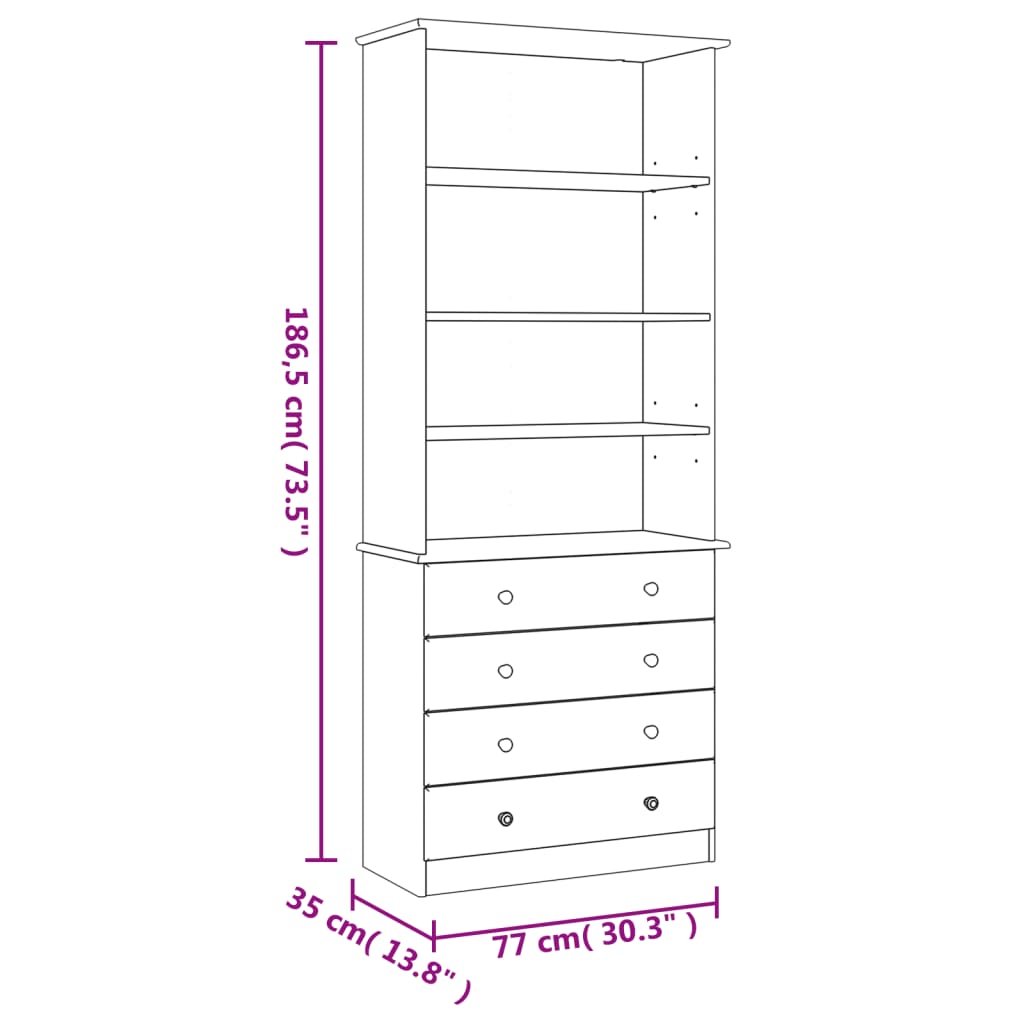 Estante c/ gavetas ALTA 77x35x186,5 cm pinho maciço branco