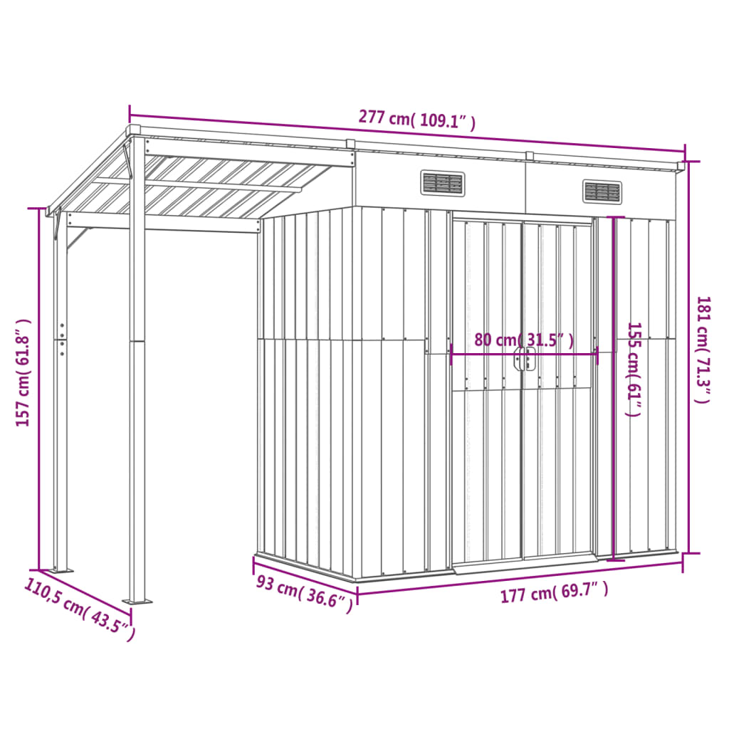 Abrigo de jardim com alpendre 277x110,5x181 cm aço cinza-claro