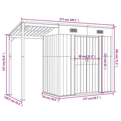 Abrigo de jardim com alpendre 277x110,5x181 cm aço cinza-claro