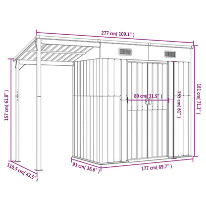 Abrigo de jardim com alpendre 277x110,5x181 cm aço antracite