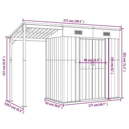 Abrigo de jardim com alpendre 277x110,5x181 cm aço castanho