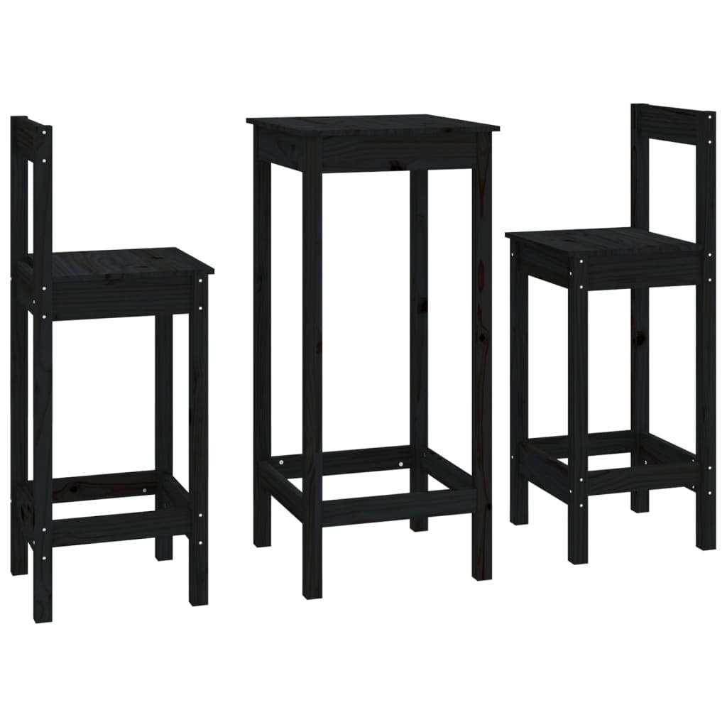 3 pcs conjunto de bar pinho maciço preto