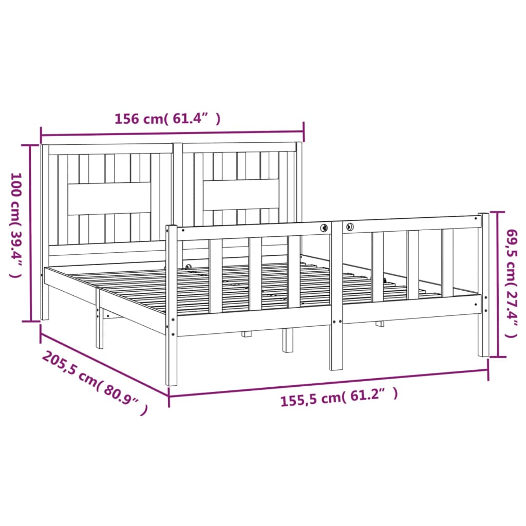 Estrutura cama casal c/ cabeceira 150x200 cm pinho maciço preto