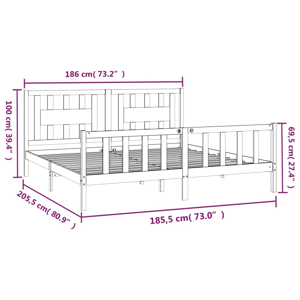 Estrutura cama casal c/ cabeceira 180x200 cm pinho maciço preto