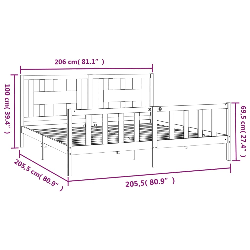 Estrutura de cama com cabeceira 200x200 cm pinho maciço preto