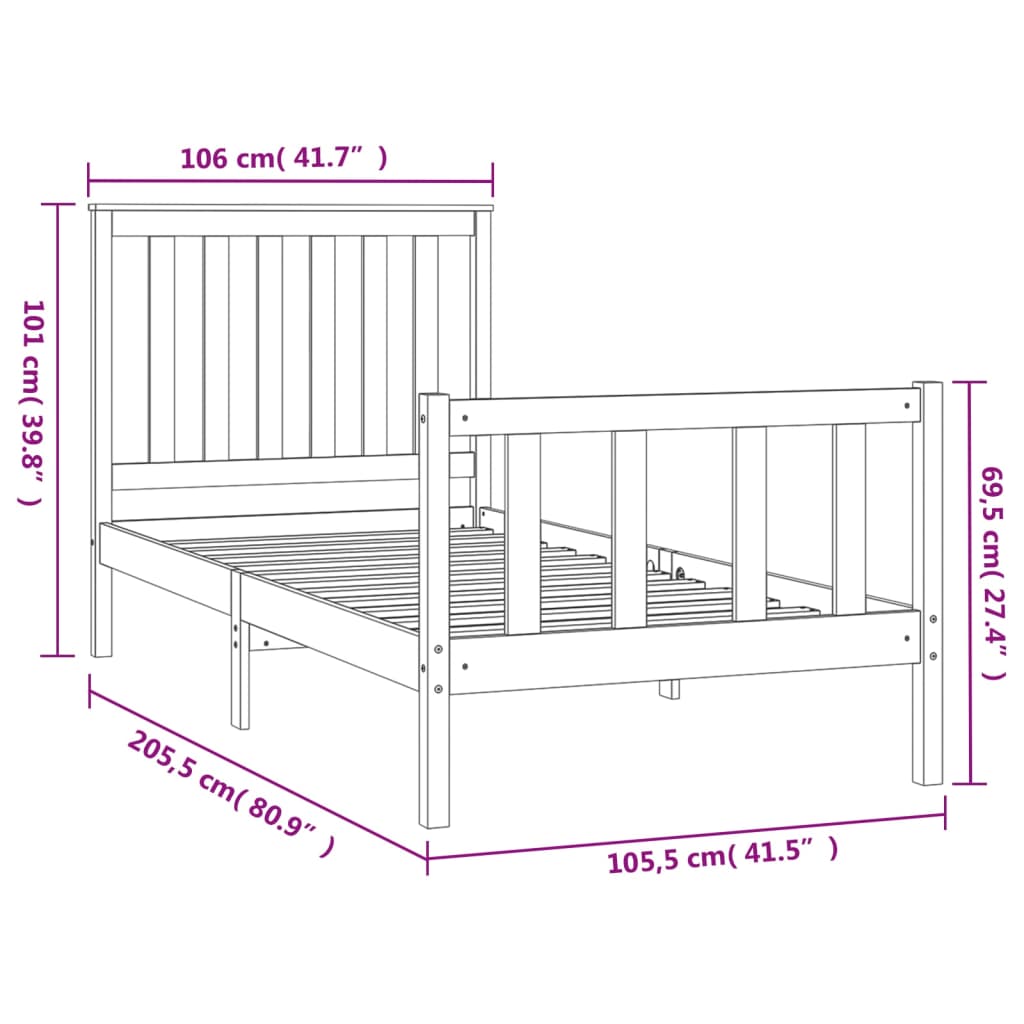 Estrutura de cama com cabeceira 100x200cm pinho maciço