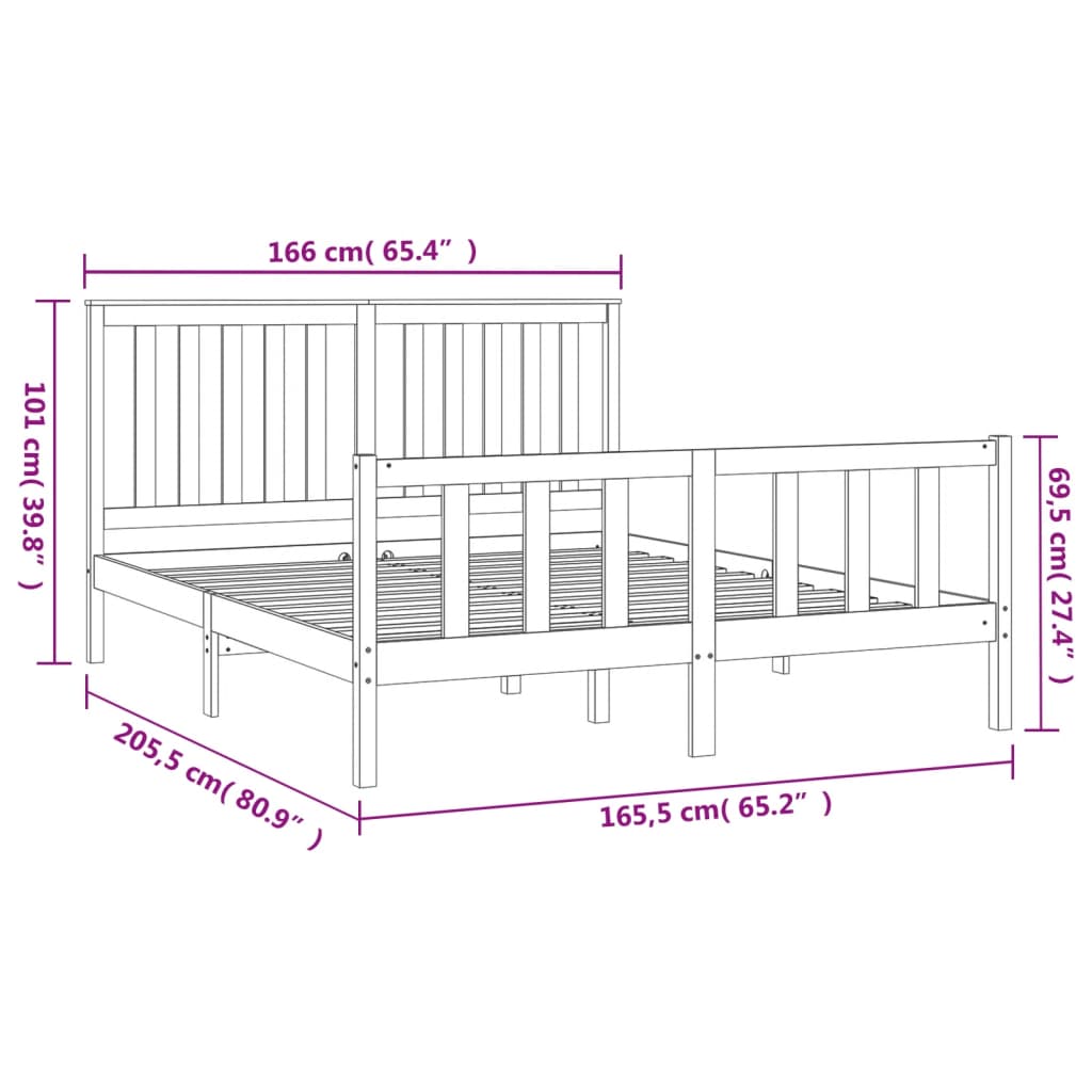 Estrutura de cama com cabeceira 160x200cm pinho maciço cinzento