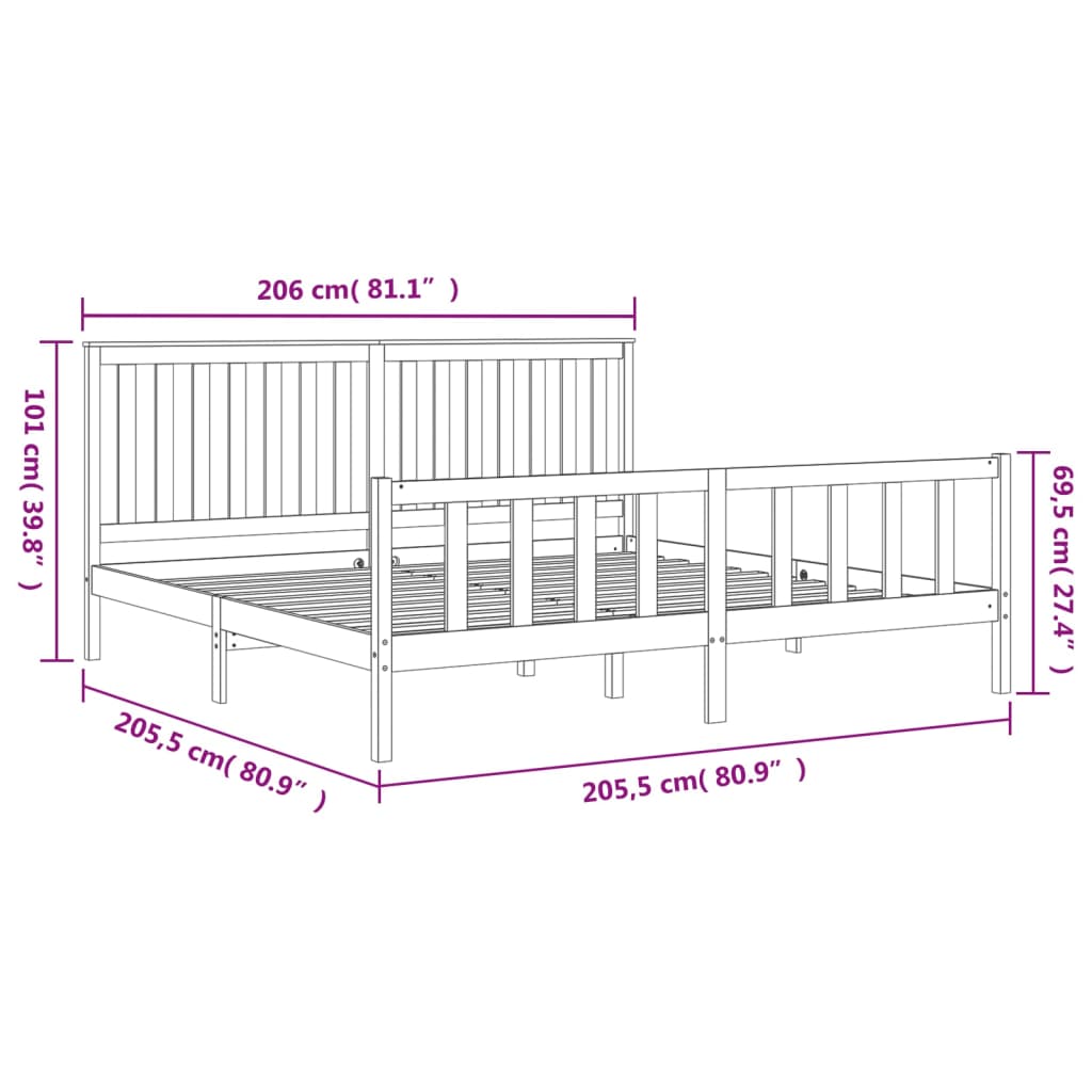 Estrutura cama c/ cabeceira 200x200cm pinho maciço castanho-mel