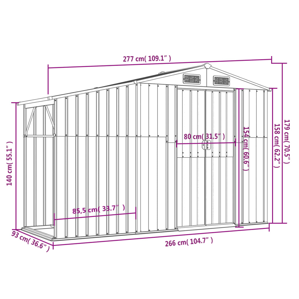 Abrigo de Jardim em Aço Galvanizado - 277x93x179 cm - Cinzento