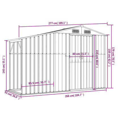 Abrigo de Jardim em Aço Galvanizado - 277x93x179 cm - Cinzento