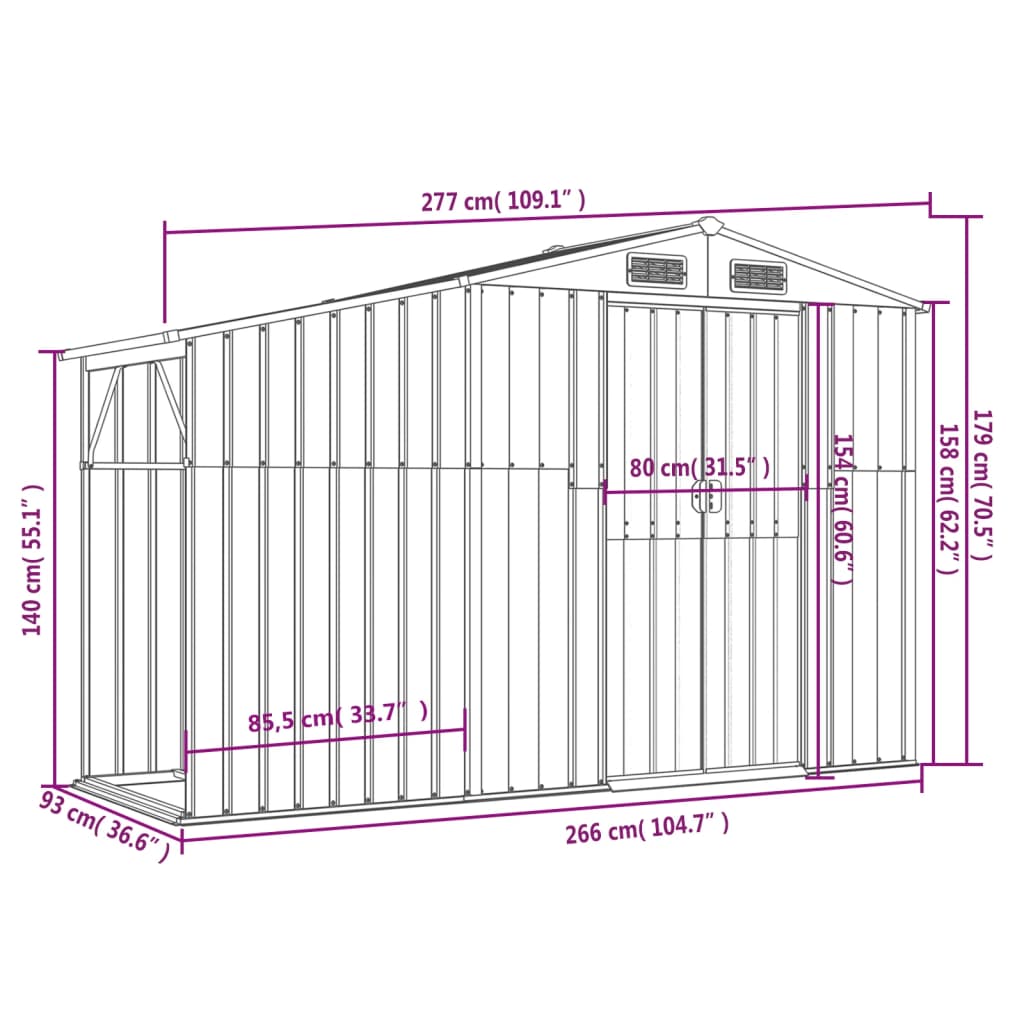 Abrigo de Jardim em Aço Galvanizado - 277x93x179 cm - Antracite