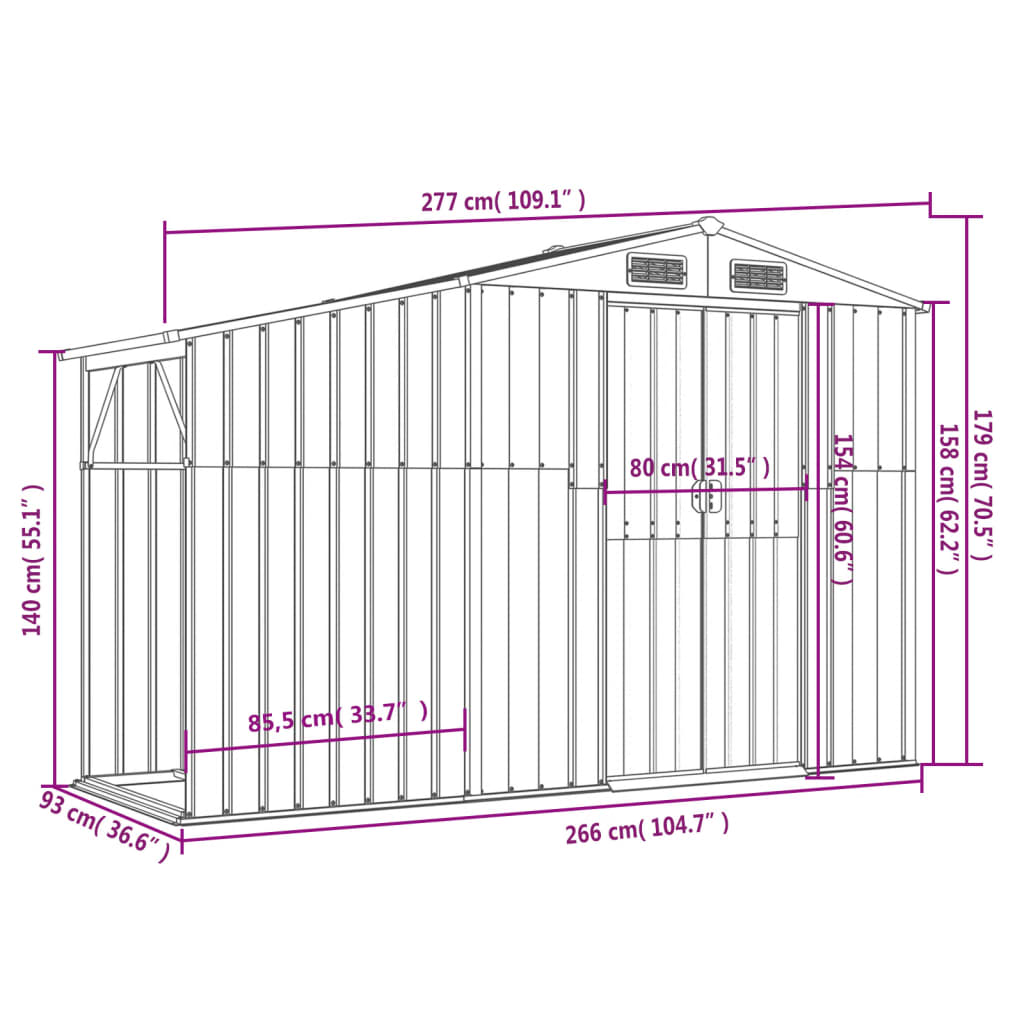 Abrigo de Jardim em Aço Galvanizado - 277x93x179 cm - Castanho