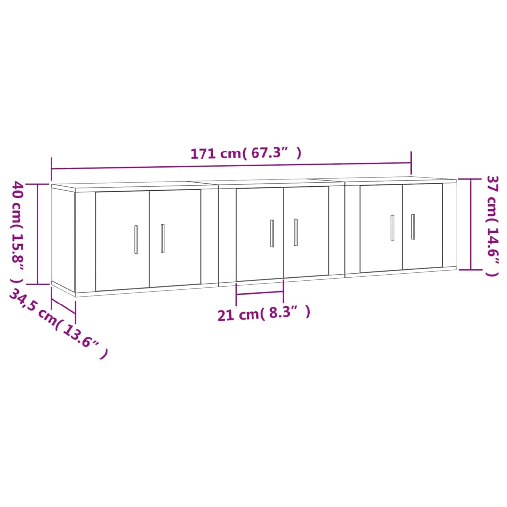 Móveis de TV de parede 3 pcs 57x34,5x40 cm branco brilhante