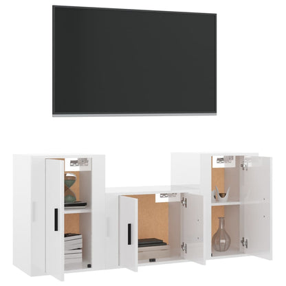 3 pcs conjunto móveis de TV madeira processada branco brilhante