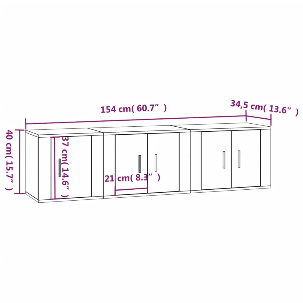 3 pcs conjunto móveis de TV madeira processada branco brilhante