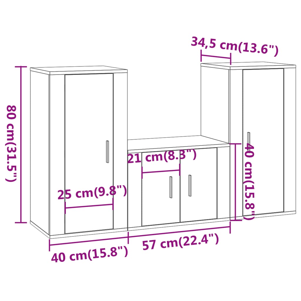 Conjunto móveis de TV 3 pcs madeira processada sonoma cinza