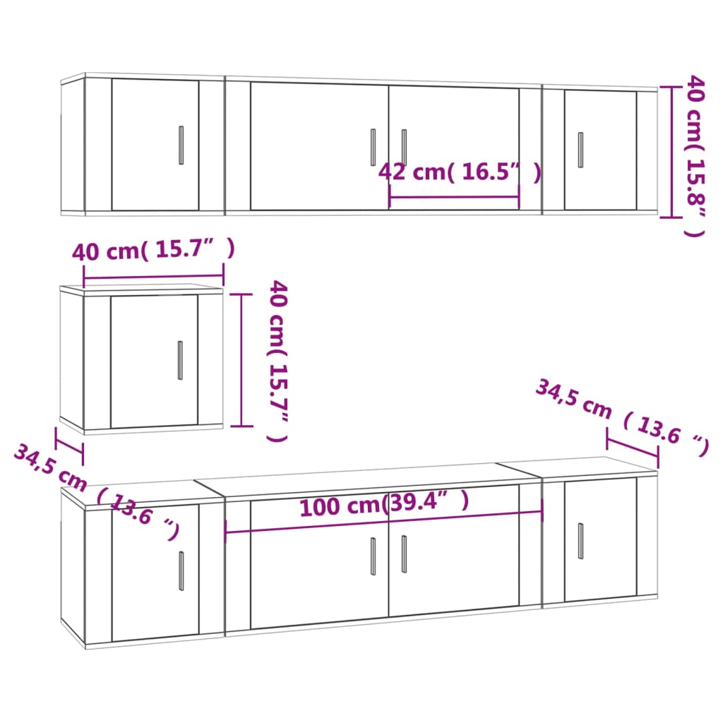 7 pcs conjunto móveis de TV madeira processada branco brilhante