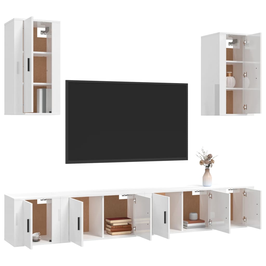 6 pcs conjunto móveis de TV madeira processada branco brilhante