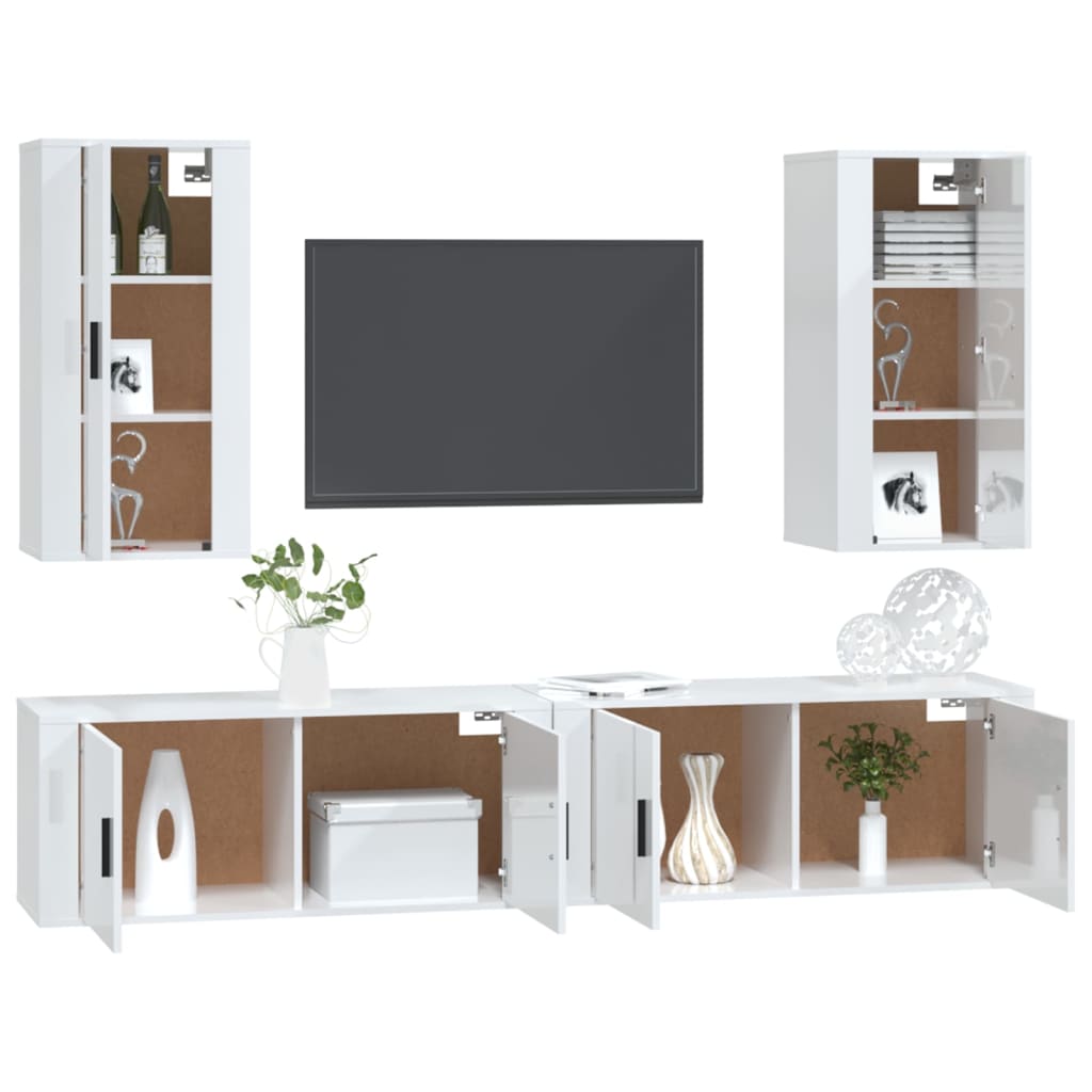 4 pcs conjunto móveis de TV madeira processada branco brilhante